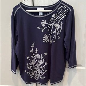 Alfred Dunner Blue Graphic 3/4 Sleeve Blouse